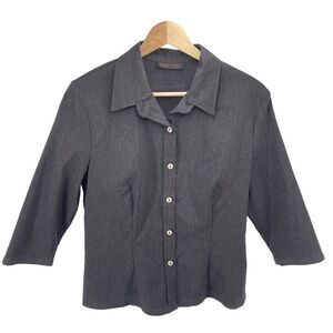 Streetwear Womens Button Down Shirt Top Blouse 3/4 Sleeve Collared Casual Gray